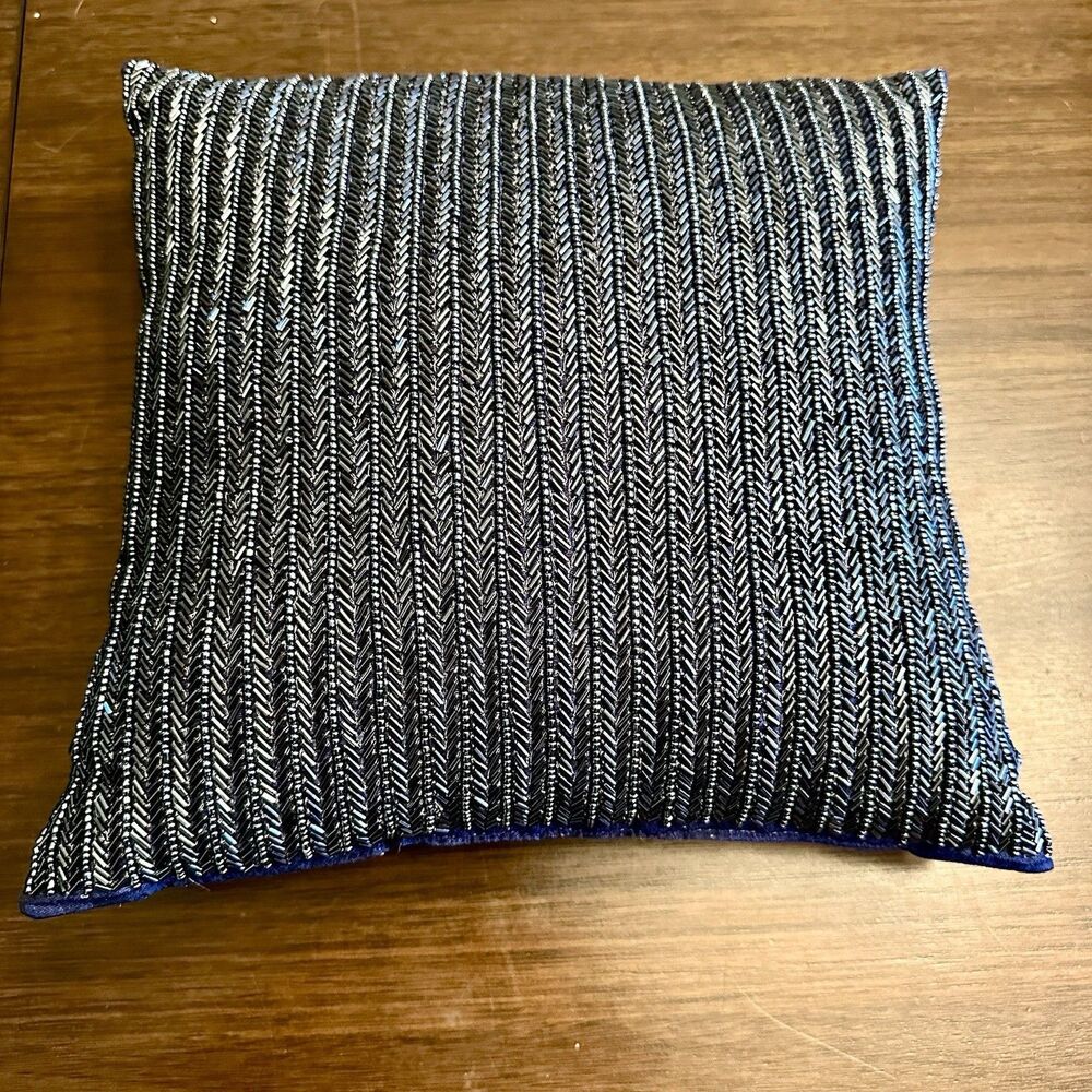 Max Studio Home "Beauty" 12x12 Beaded Decorative Throw Pillow Navy Blue Accent